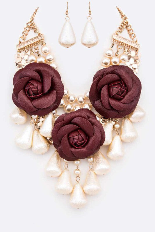 Black Flower Mix Pearls Statement Necklace Set