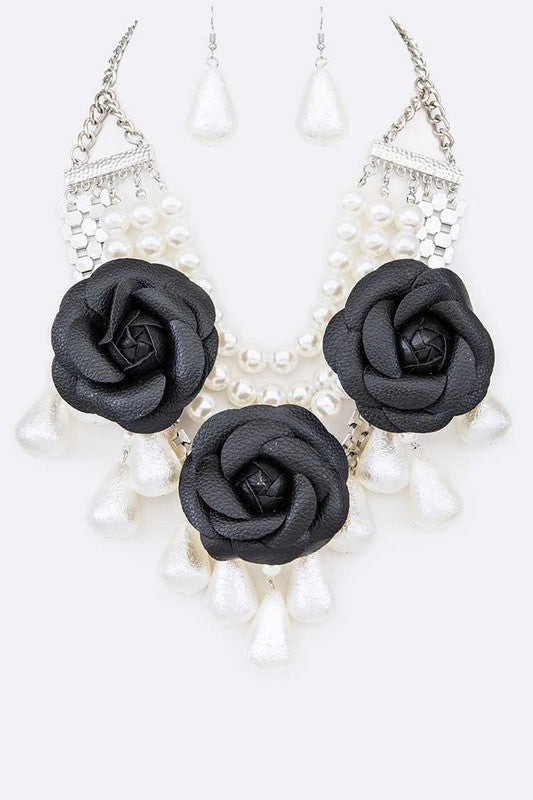 Black Flower Mix Pearls Statement Necklace Set