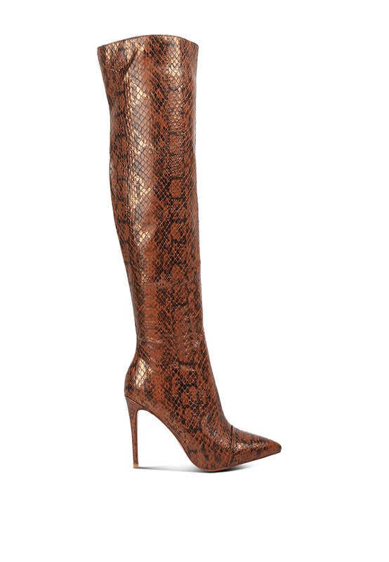 Fashionista Snake Print Stiletto Knee Boots