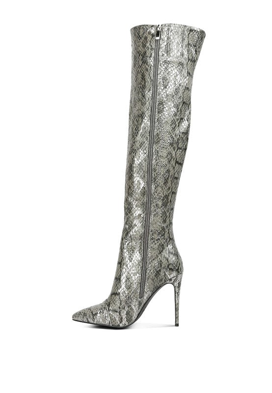 Fashionista Snake Print Stiletto Knee Boots