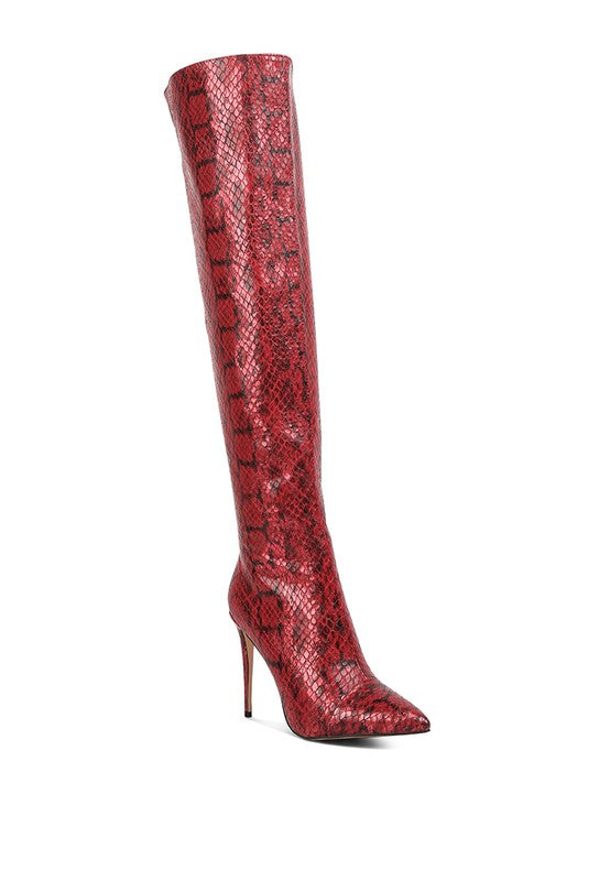 Fashionista Snake Print Stiletto Knee Boots