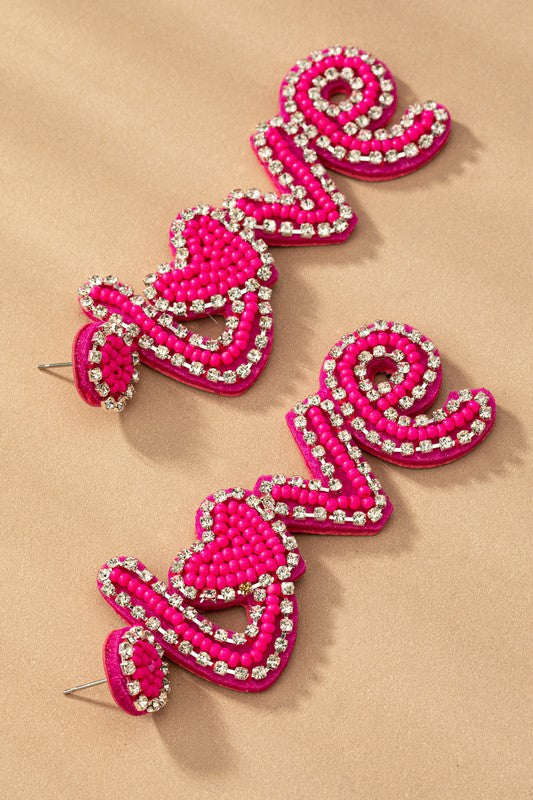 Fashionista Hot Pink Love Rhinestone Earrings