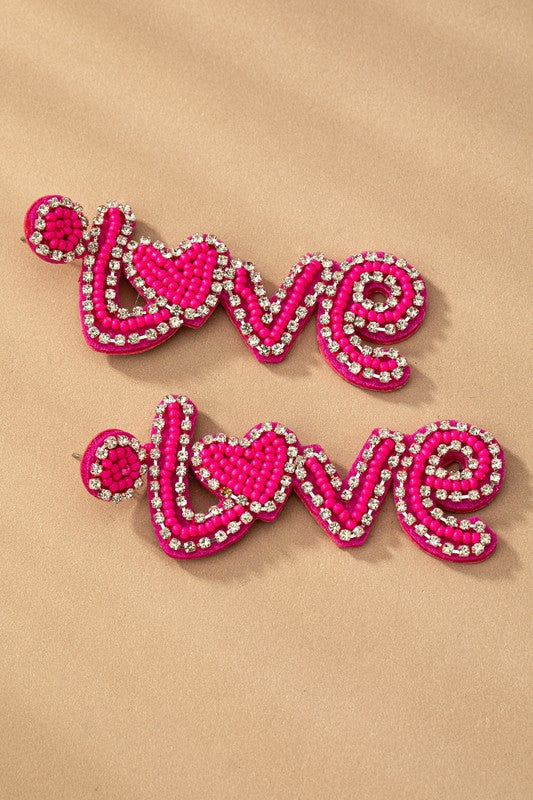 Fashionista Hot Pink Love Rhinestone Earrings