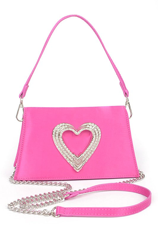 Fashionista Crystal Heart Satin Convertible Clutch - xclsvafashion.com