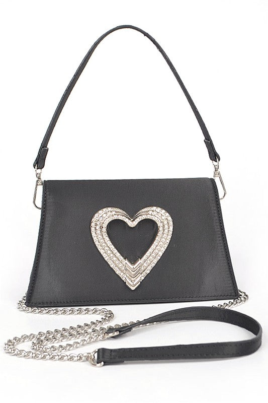 Fashionista Crystal Heart Satin Convertible Clutch - xclsvafashion.com