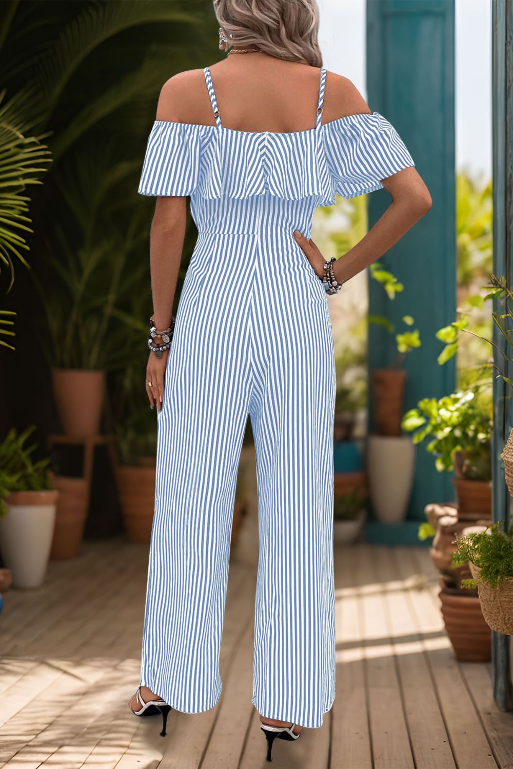 Perfee Ruffled Striped Short Sleeve Jumpsuit