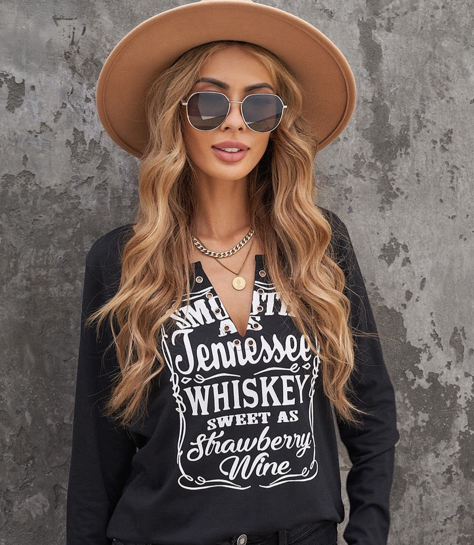 Letter Graphic Notched Long Sleeve T-Shirt