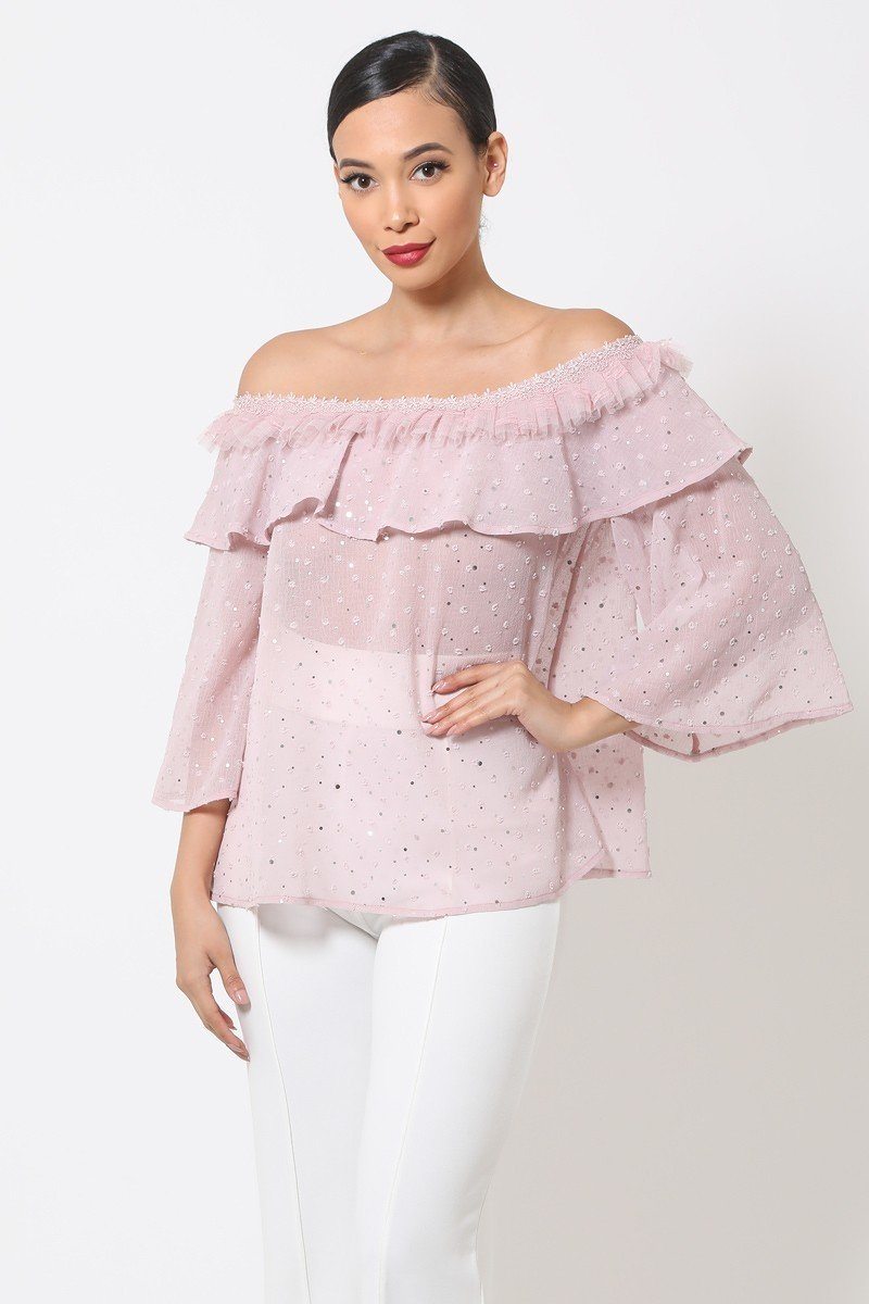 Mauve Polka Dot Sheer Off Shoulder Top