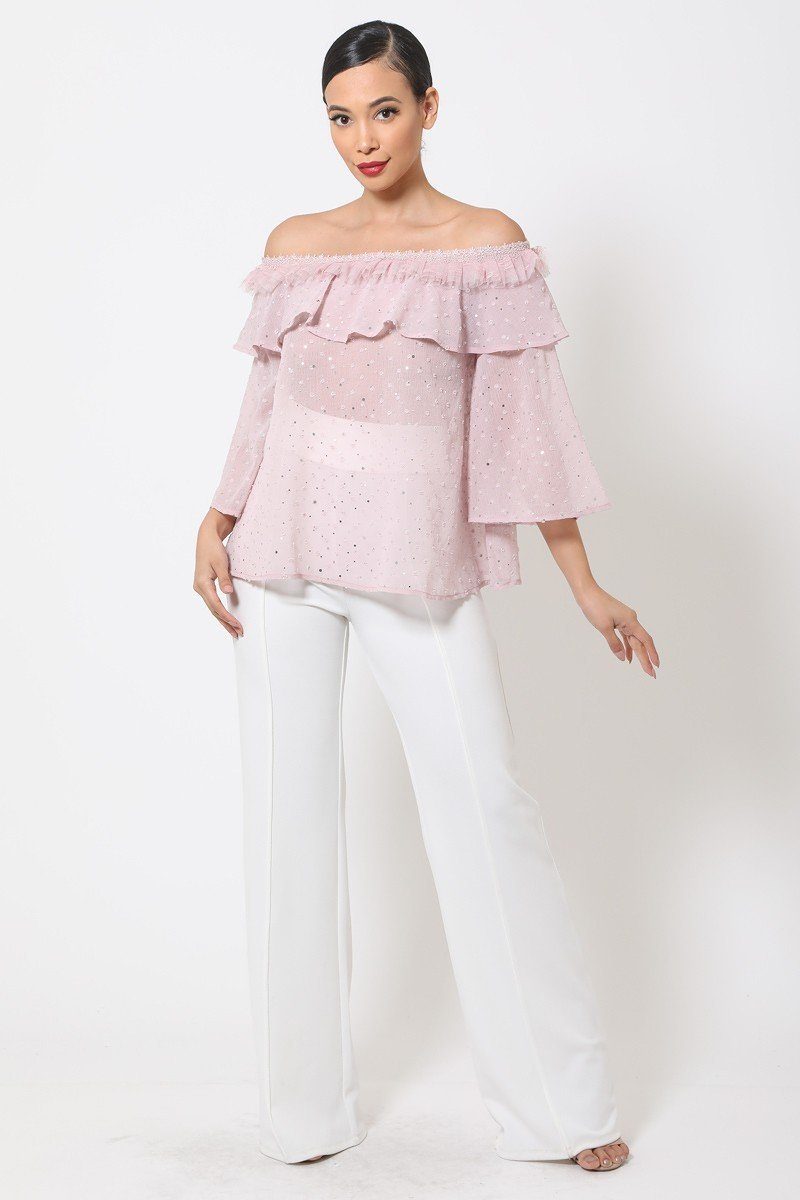 Mauve Polka Dot Sheer Off Shoulder Top