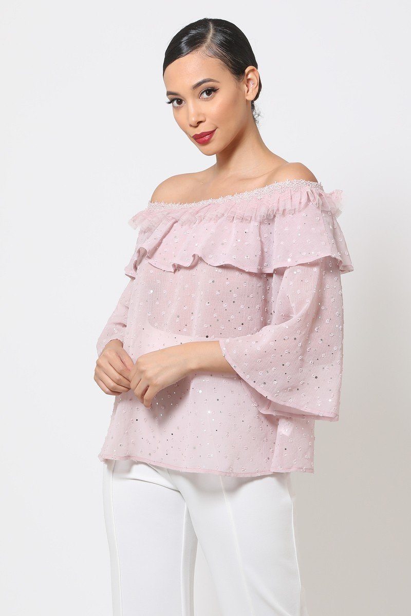 Mauve Polka Dot Sheer Off Shoulder Top