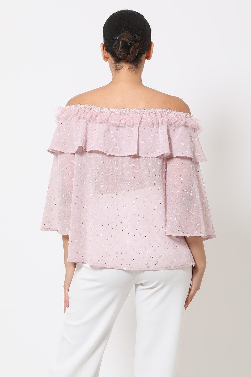 Mauve Polka Dot Sheer Off Shoulder Top