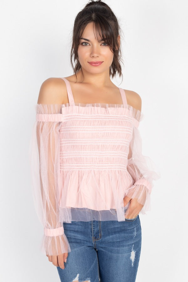 Mauve Sheer Mesh Open Shoulder Top