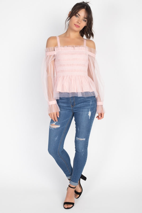 Mauve Sheer Mesh Open Shoulder Top