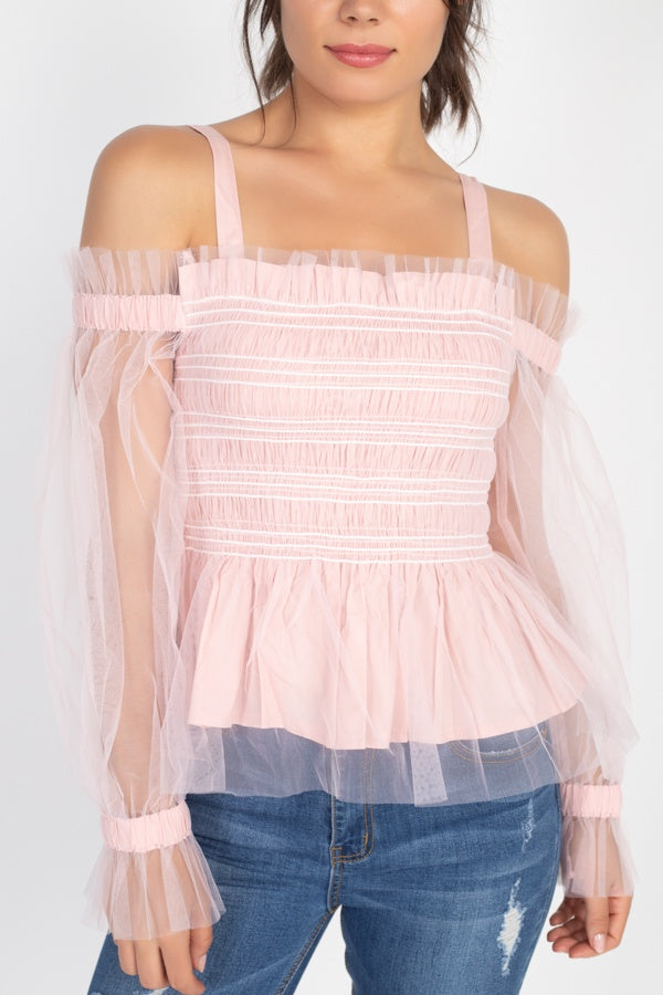 Mauve Sheer Mesh Open Shoulder Top