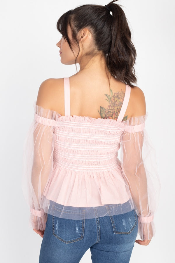 Mauve Sheer Mesh Open Shoulder Top