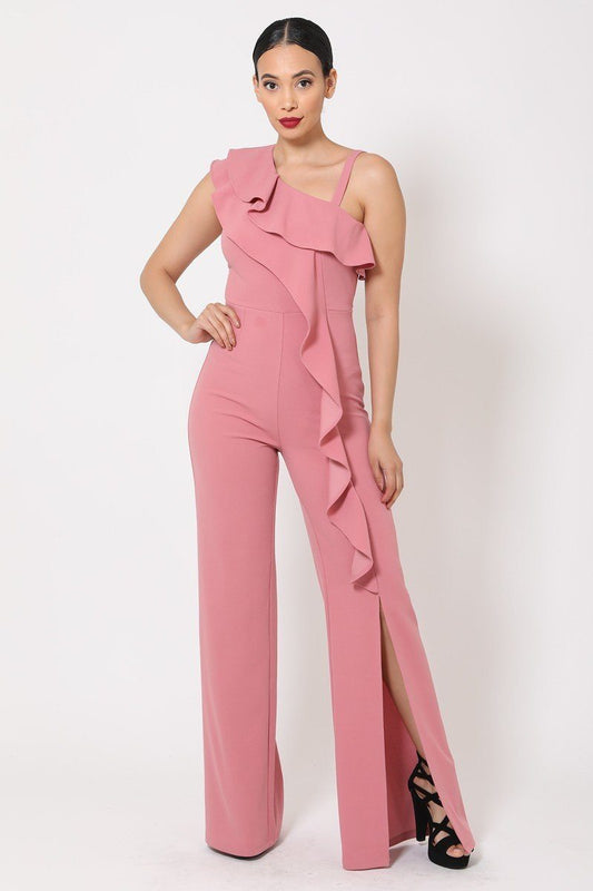 One Shoulder Dark Mauve Ruffle Jumpsuit