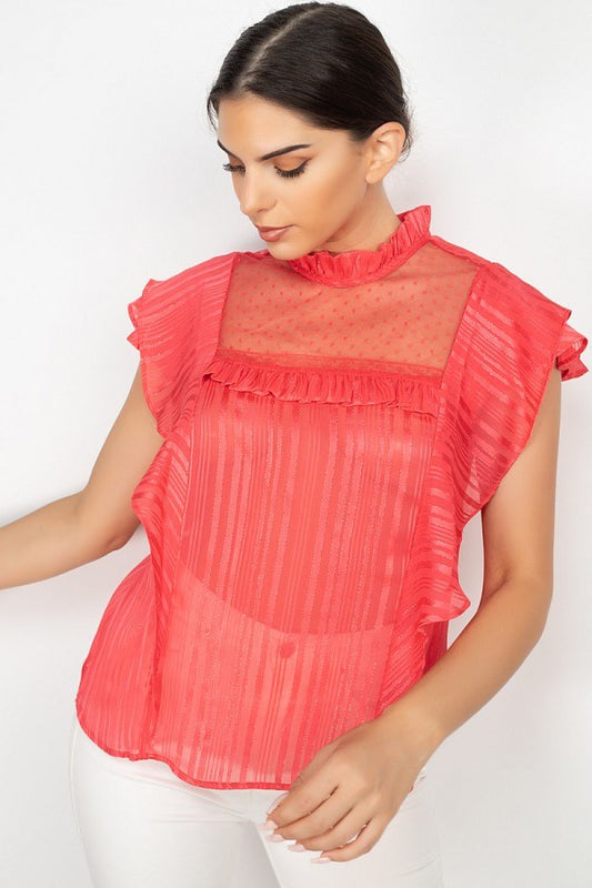 Coral Short Sleeve Ruffle Shadow Top