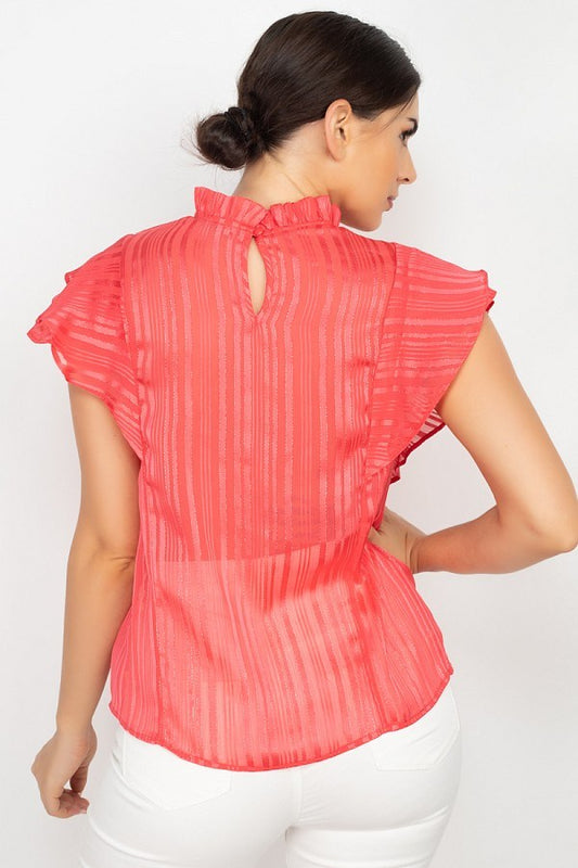 Coral Short Sleeve Ruffle Shadow Top