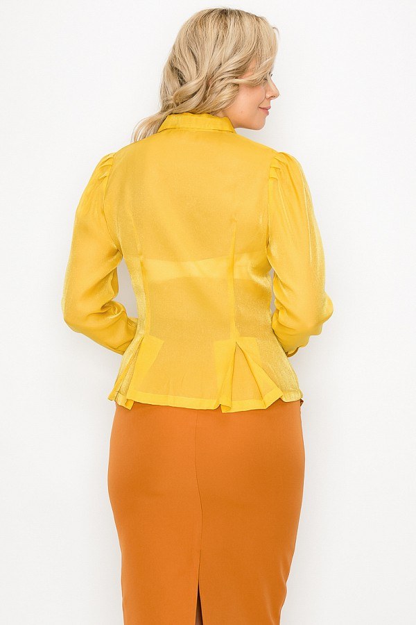 Mustard Organza Pleated Long Sleeve Blouse