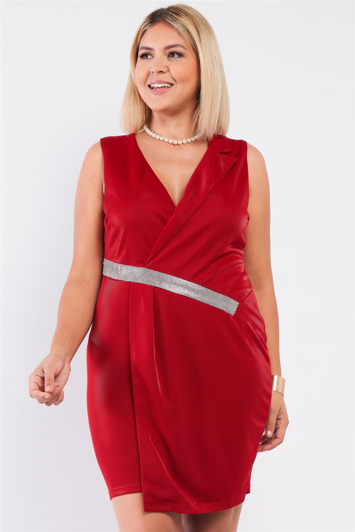 Red V-neck Wrap Rhinestones Detail Mini Blazer Dress