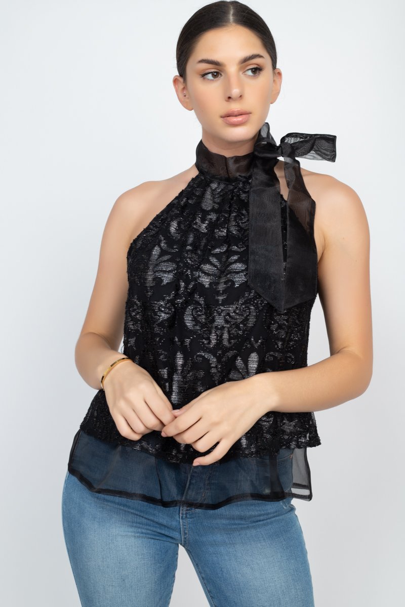 Sleeveless Neck Tie Keyhole Top - xclsvafashion.com