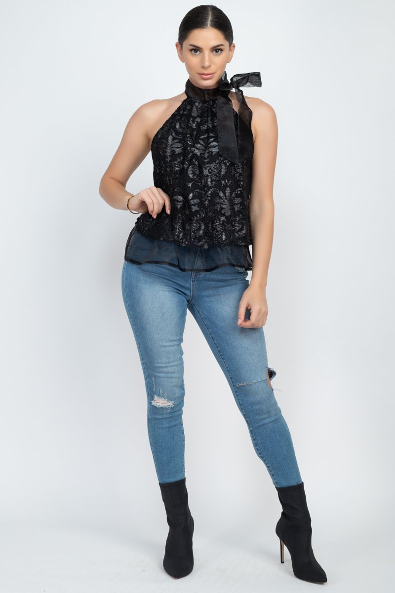 Sleeveless Neck Tie Keyhole Top - xclsvafashion.com