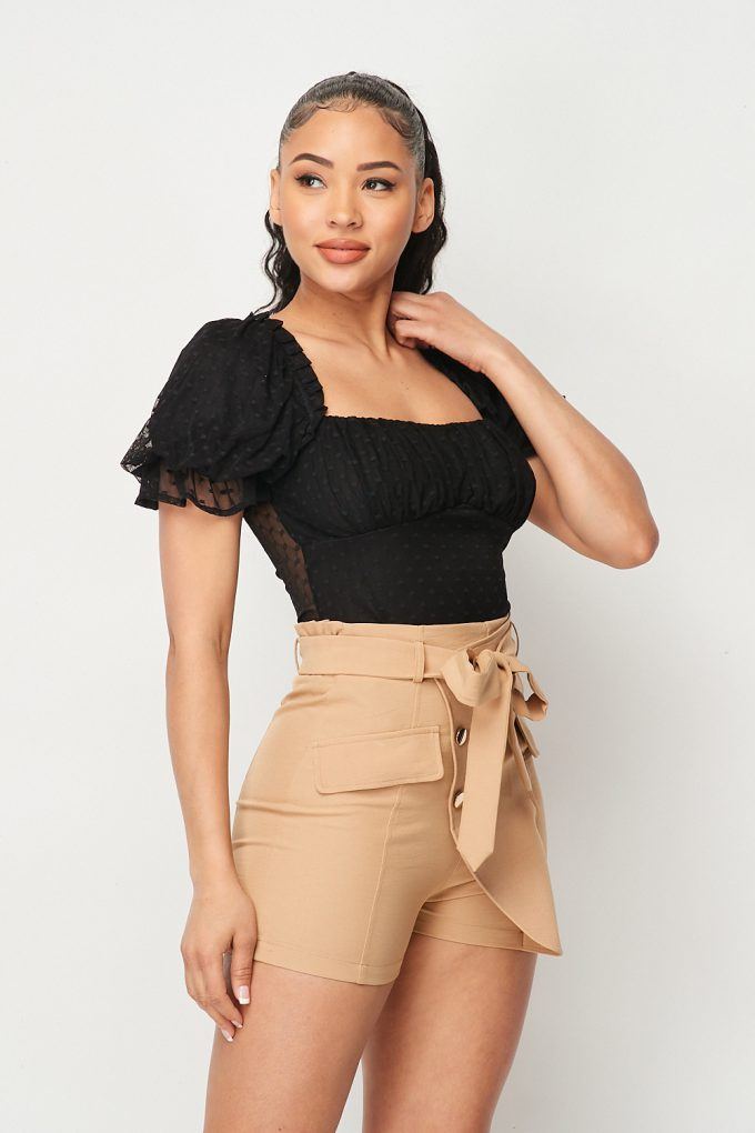 Luxe Polkadot Stretch Mesh Puff Sleeve Bodysuit - xclsvafashion.com