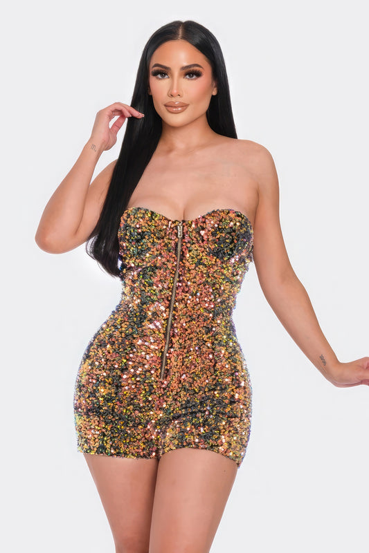 Fashionista Gold Green Sequin Tube Romper