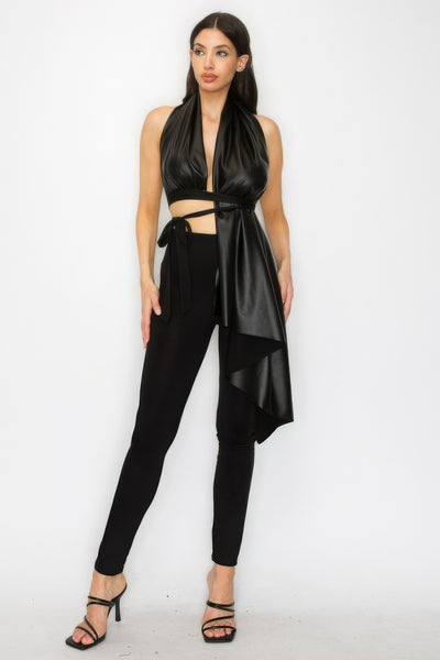 Black Faux Leather Top Pants Set