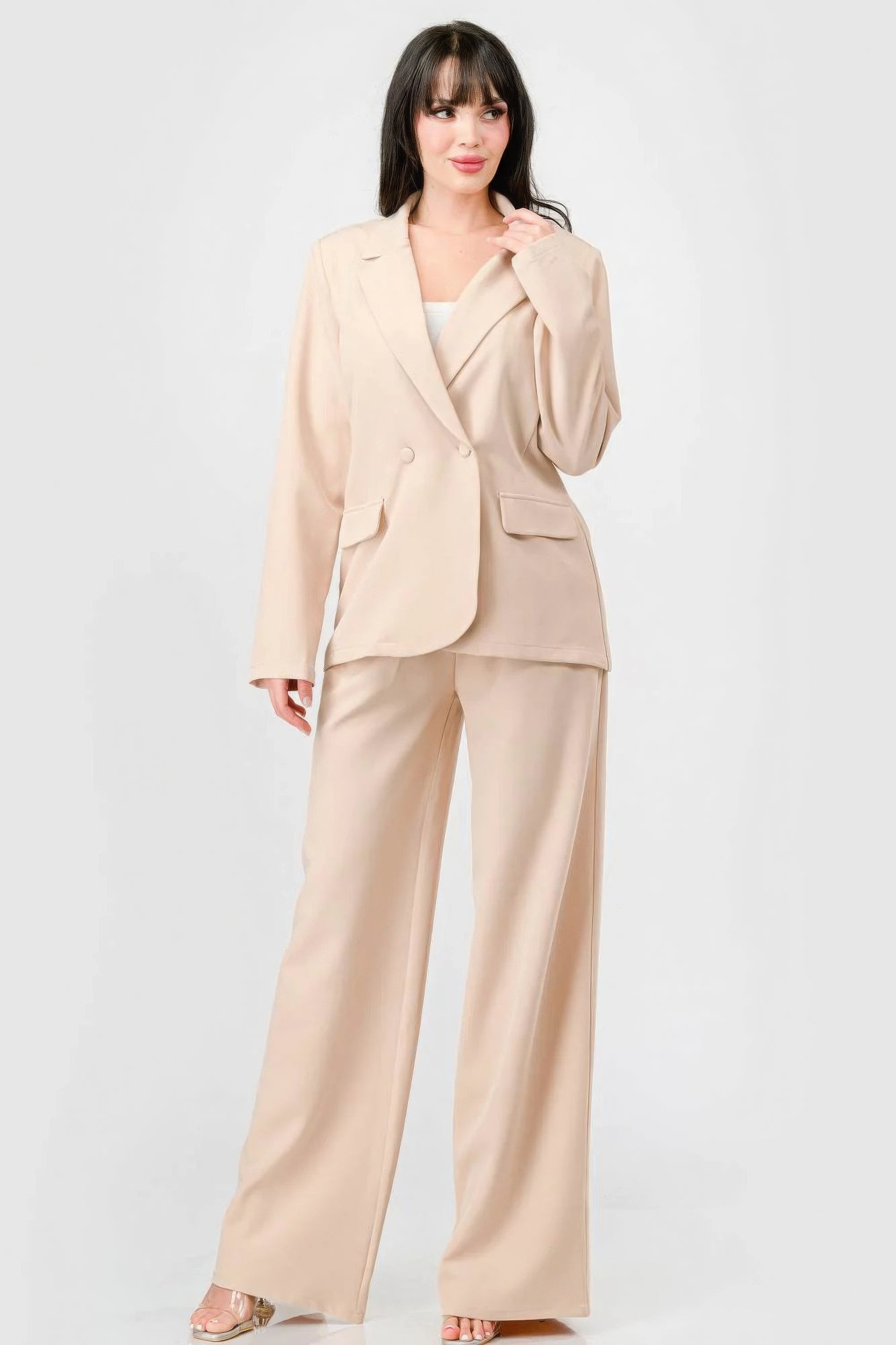 Luxe Taupe Stretch Woven Blazer And Wide Legs Pants Set