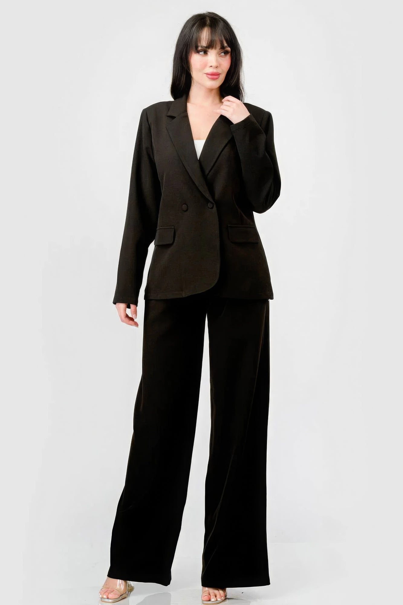 Luxe Black Stretch Woven Blazer And Wide Legs Pants Set