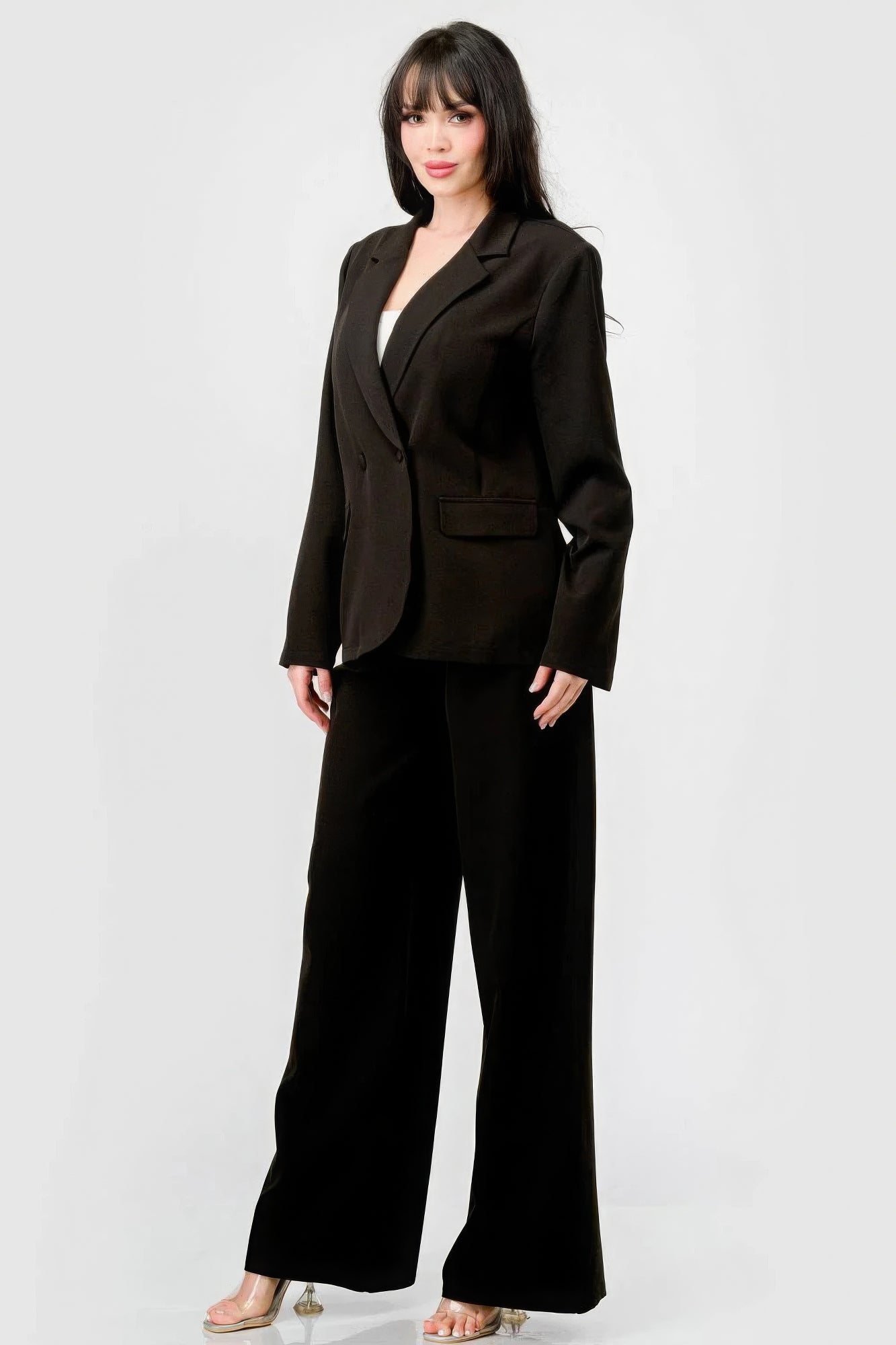 Luxe Black Stretch Woven Blazer And Wide Legs Pants Set