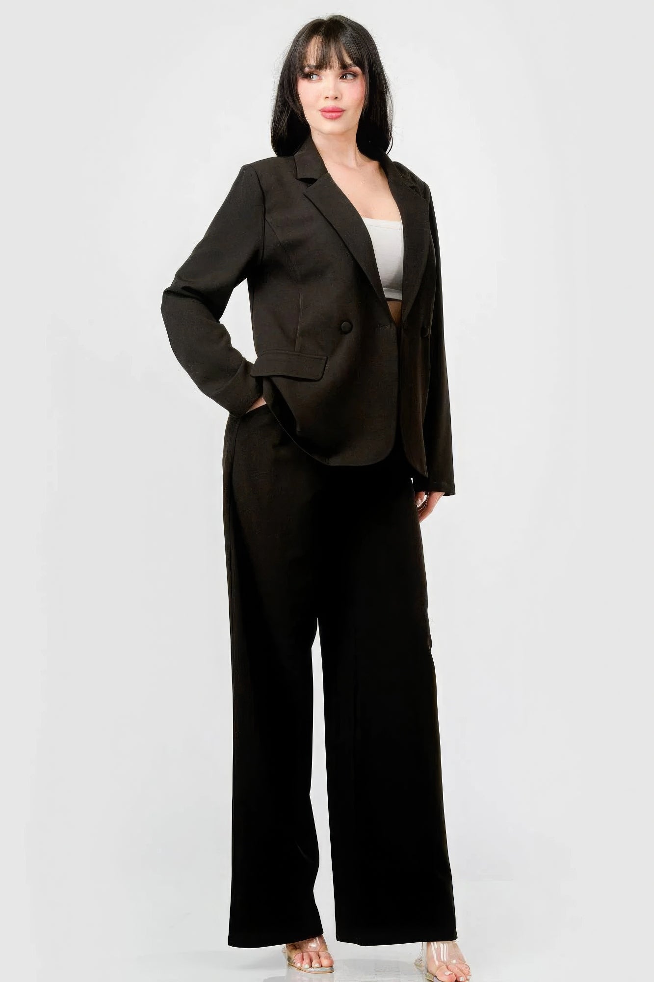 Luxe Black Stretch Woven Blazer And Wide Legs Pants Set