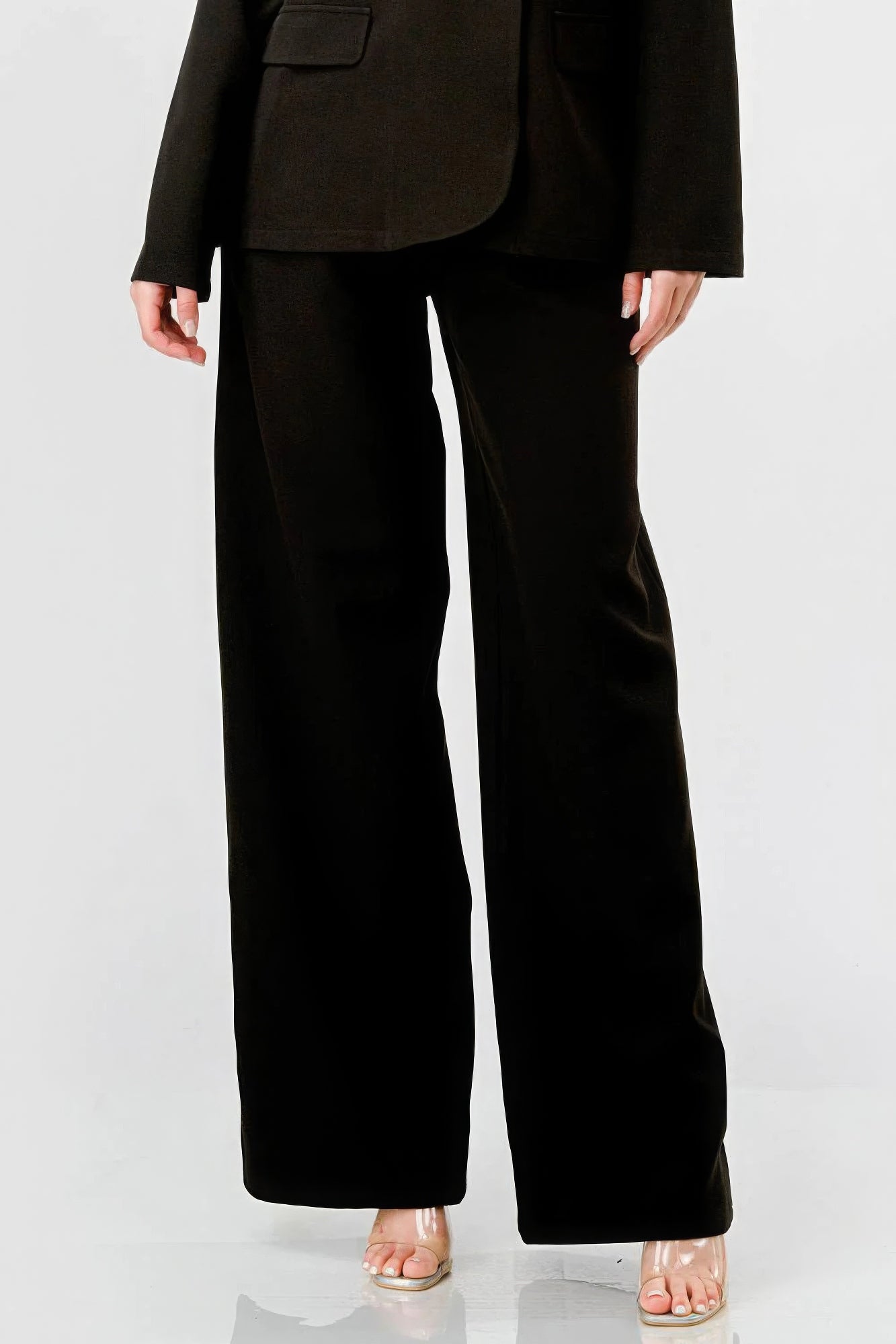 Luxe Black Stretch Woven Blazer And Wide Legs Pants Set