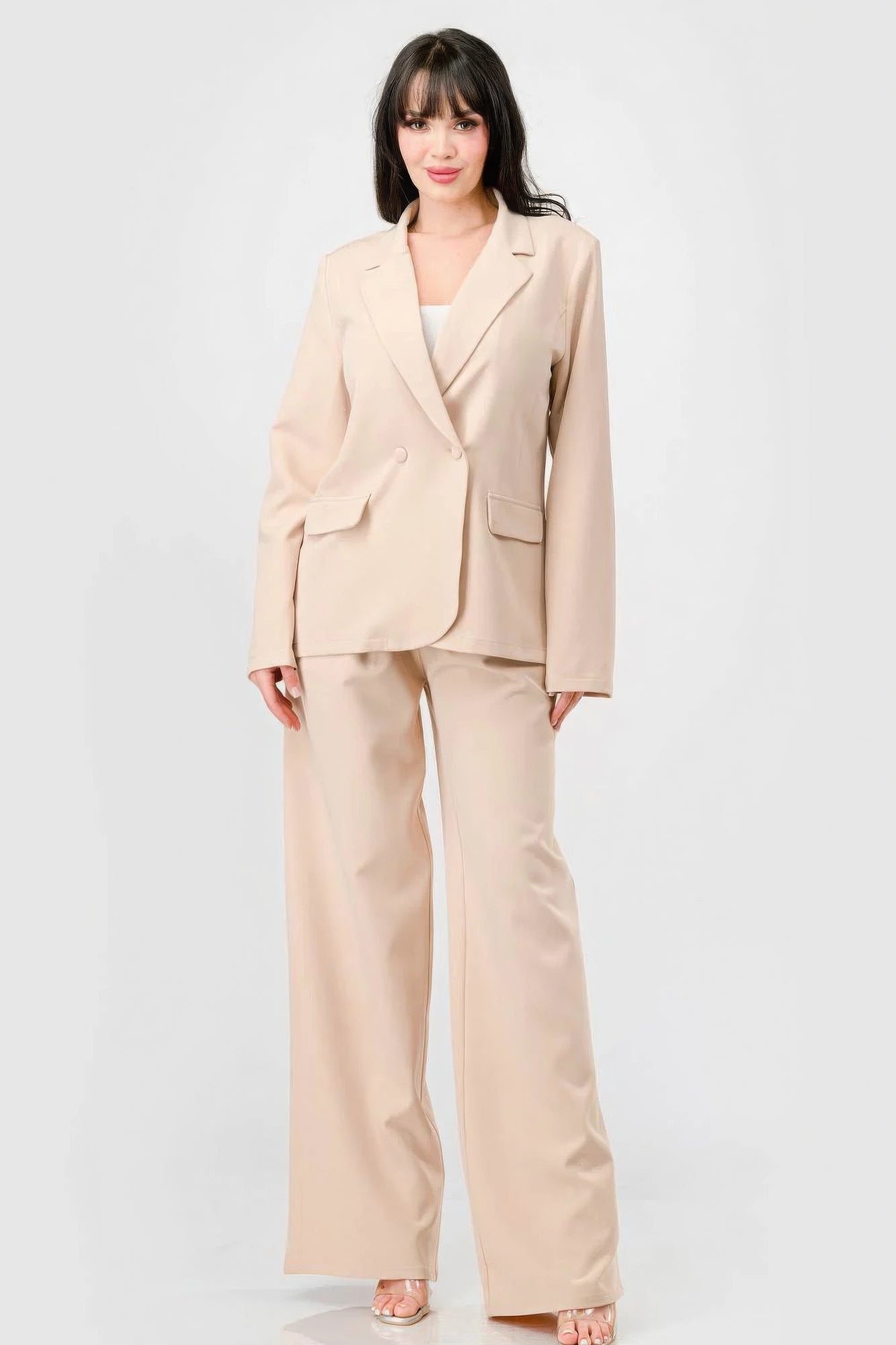 Luxe Taupe Stretch Woven Blazer And Wide Legs Pants Set