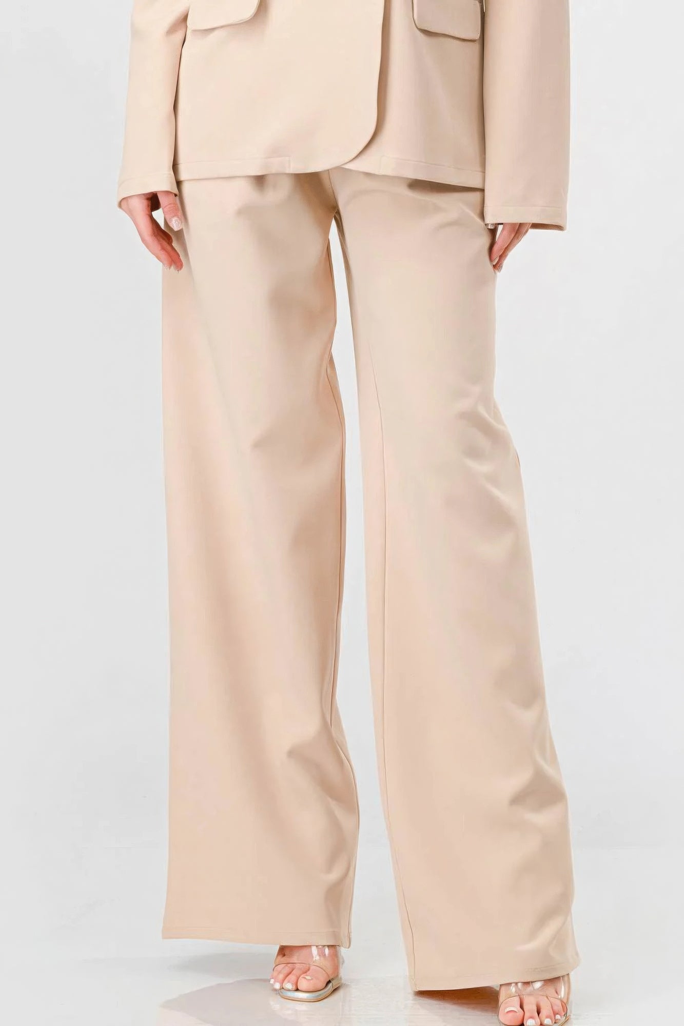 Luxe Taupe Stretch Woven Blazer And Wide Legs Pants Set