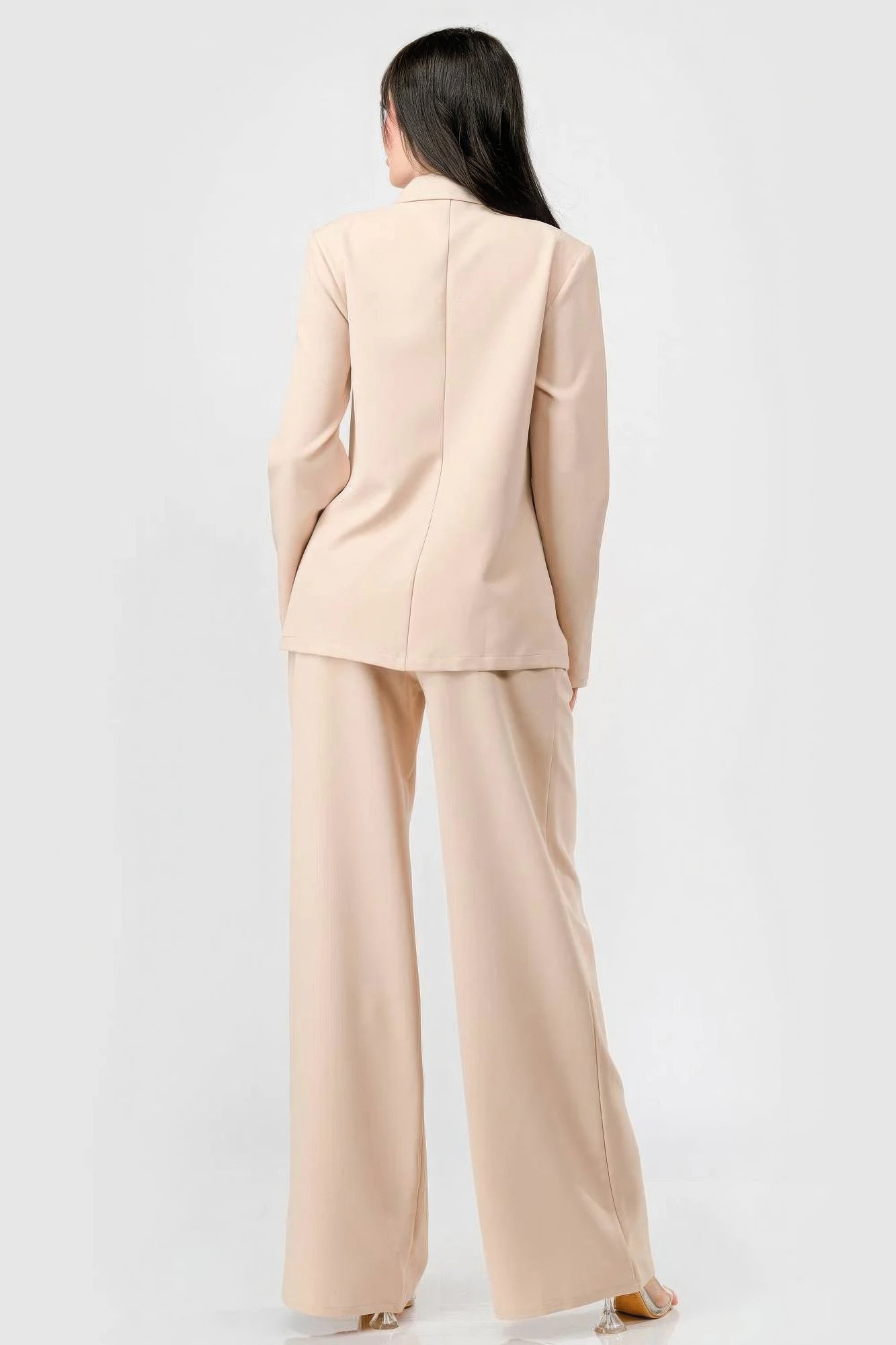 Luxe Taupe Stretch Woven Blazer And Wide Legs Pants Set