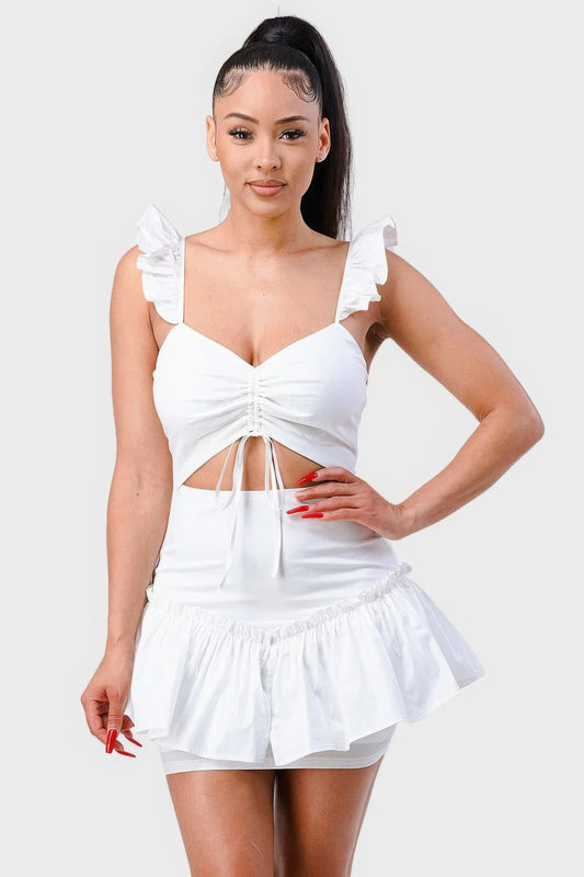 Fashionista Bow White Cutout Ruffled Mini Dress