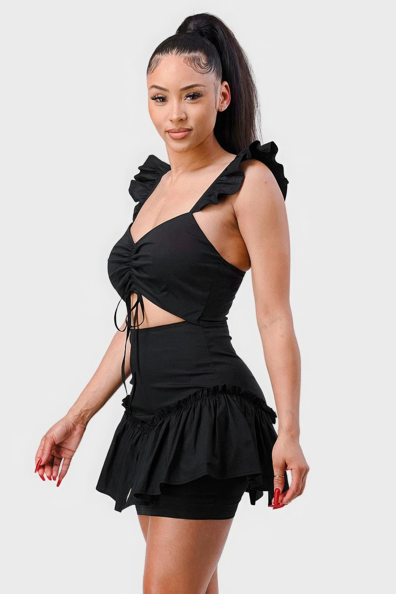 Fashionista Bow Black Cutout Ruffled Mini Dress