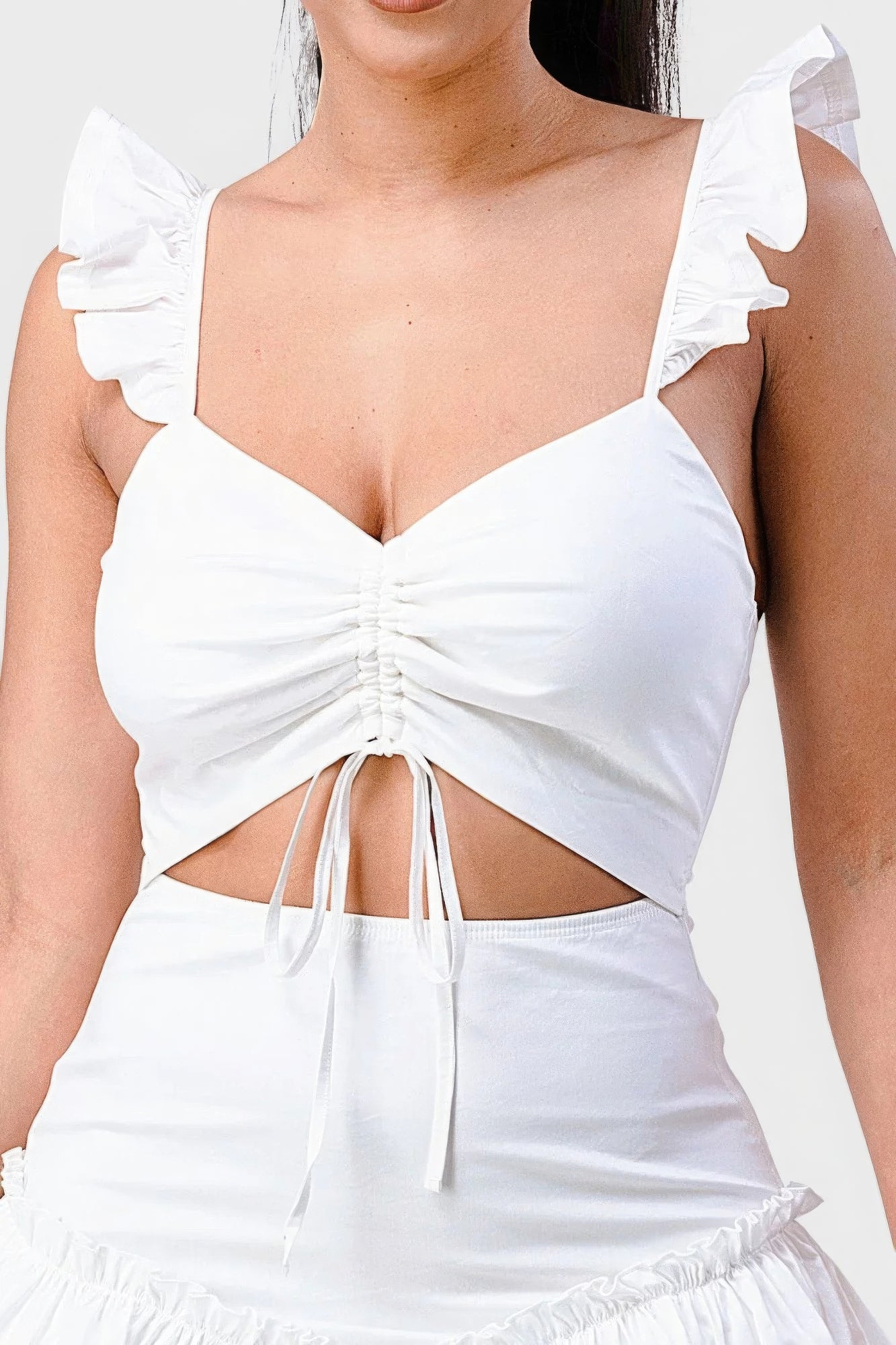 Fashionista Bow White Cutout Ruffled Mini Dress