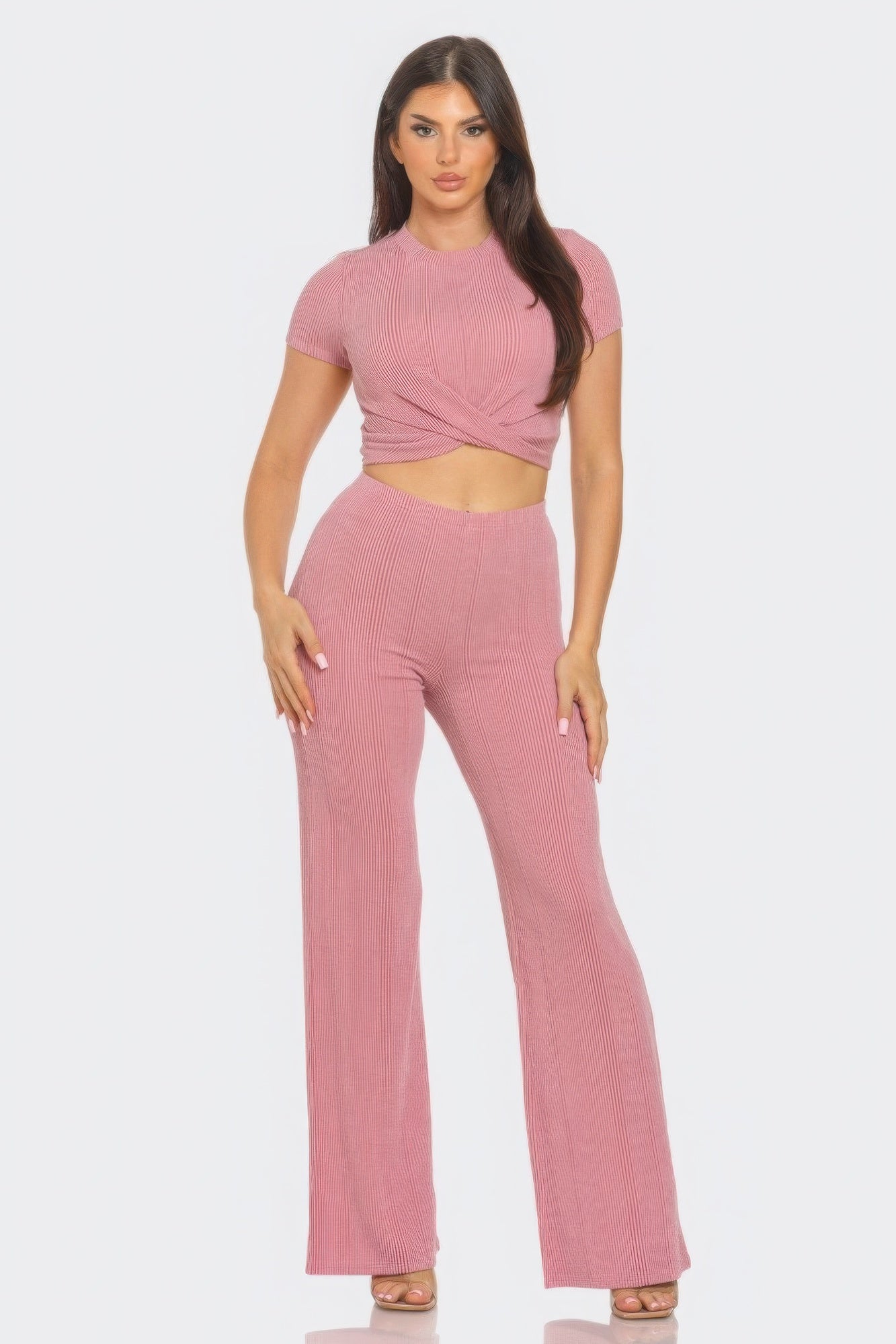 Mauve Front Twist Top And Flare Pants Set