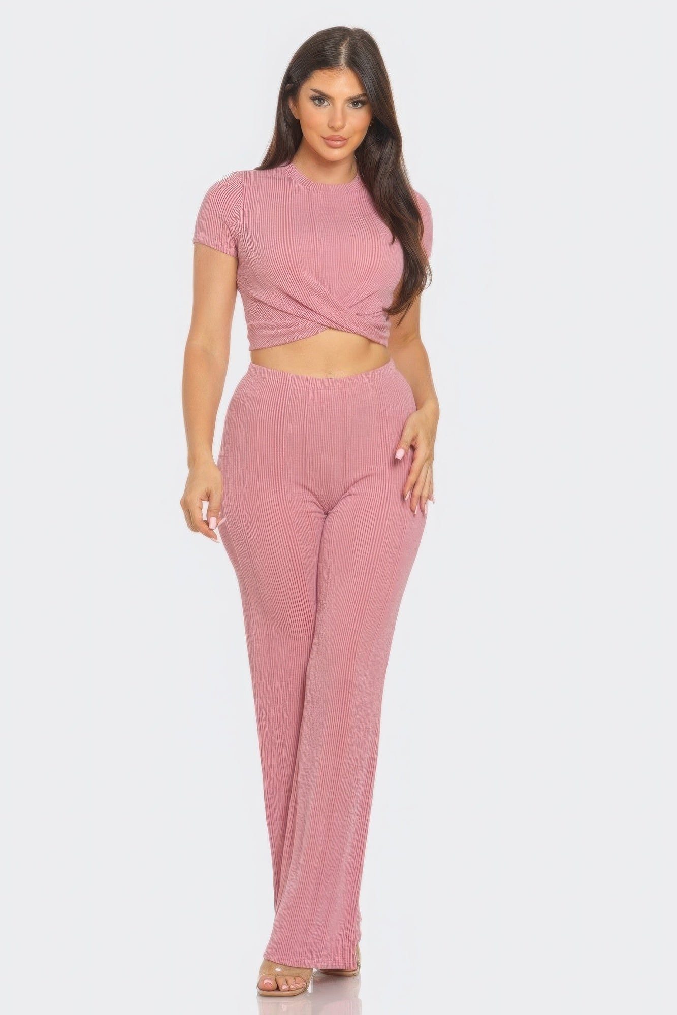 Mauve Front Twist Top And Flare Pants Set