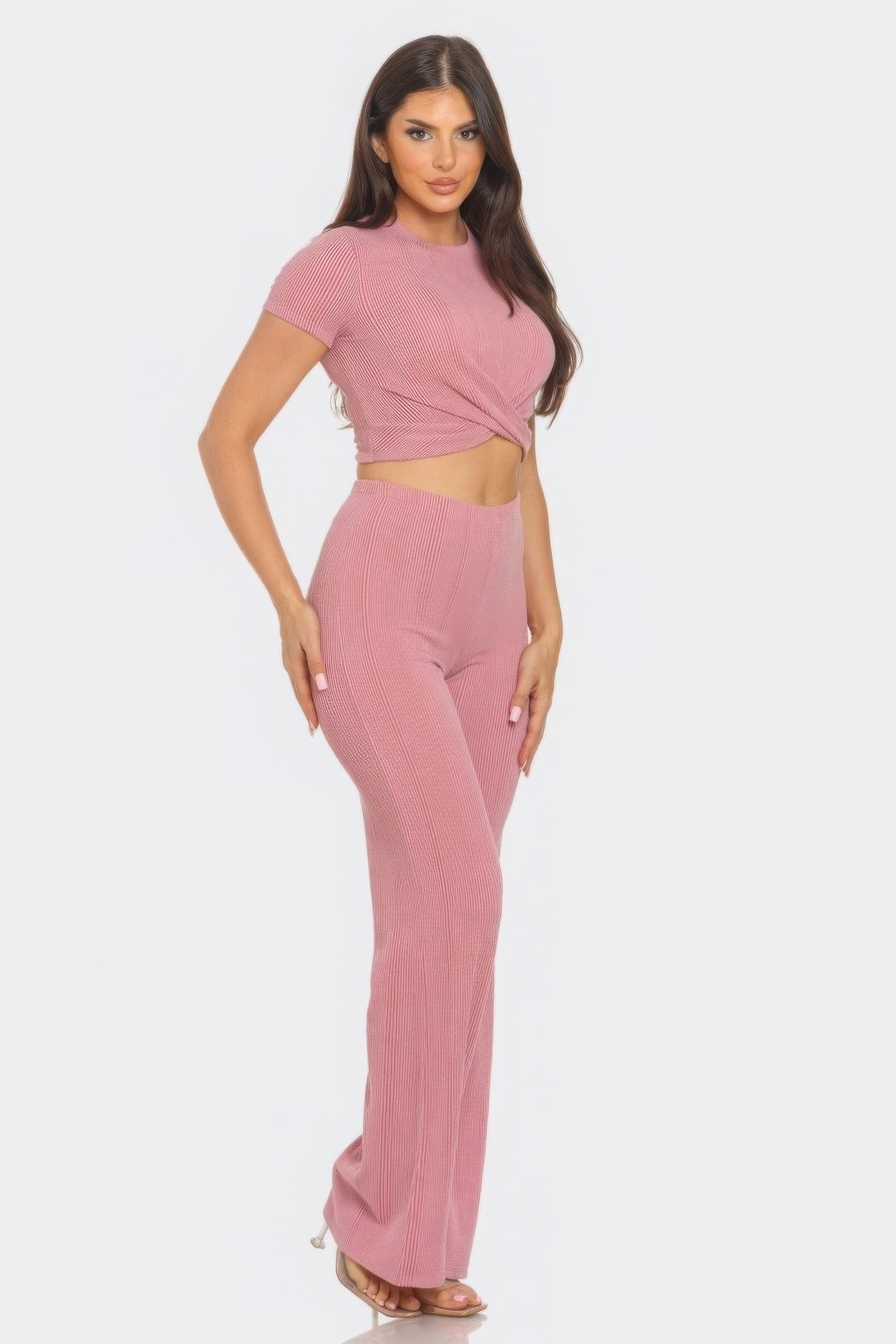 Mauve Front Twist Top And Flare Pants Set