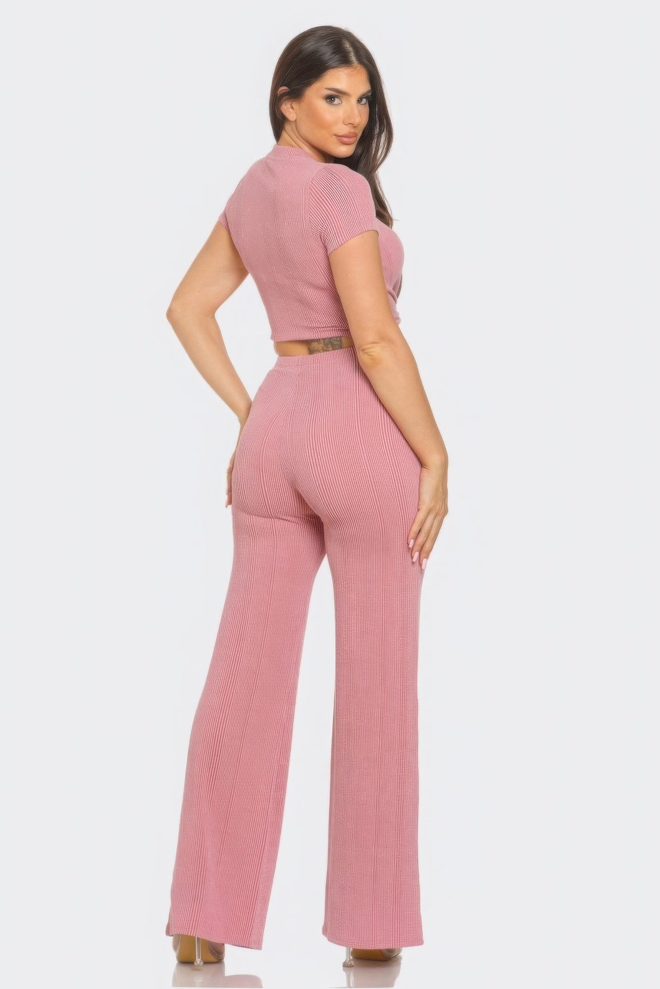 Mauve Front Twist Top And Flare Pants Set