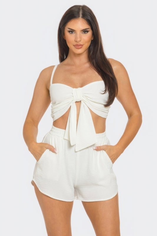 White Front Bow Tie Top And Shorts Set