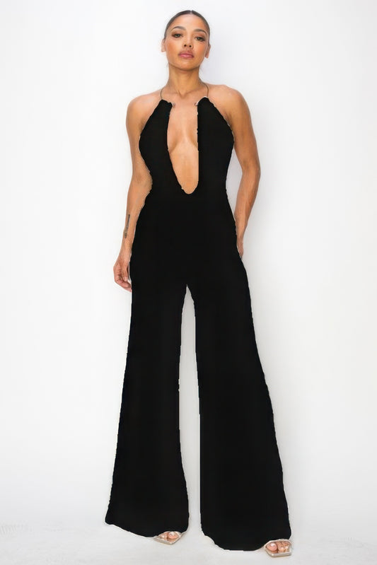 Slinky Wide Leg Jumpsuit W/metal Choker Necklace