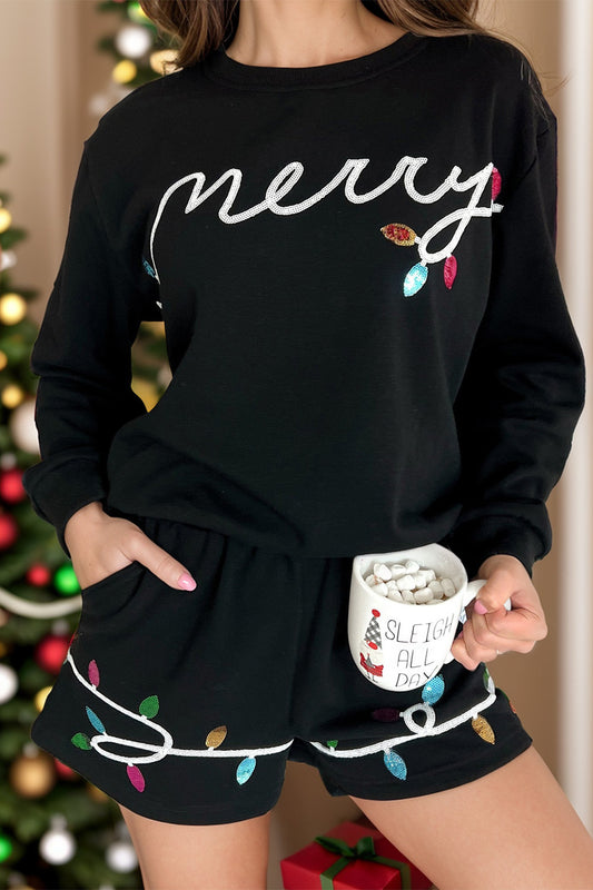 MERRY Sequin Round Neck Long Sleeve Top and Shorts Set - xclsvafashion.com