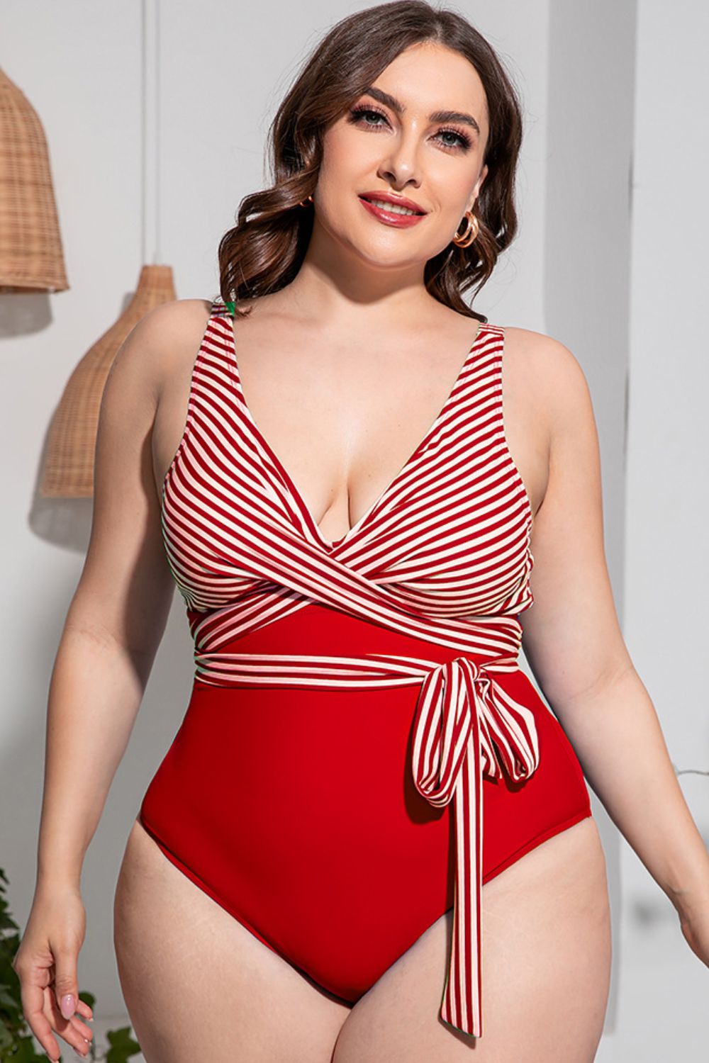 Plus Size Striped Tie-Waist One-Piece Swimsuit XCLSVAFASHION