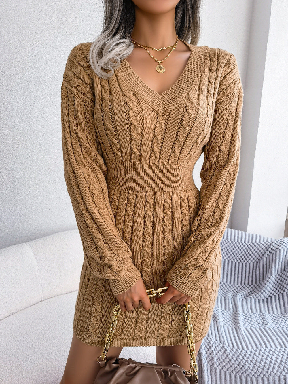 Cable-Knit V-Neck Mini Sweater Dress XCLSVAFASHION