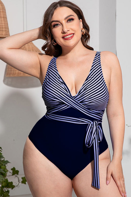 Plus Size Striped Tie-Waist One-Piece Swimsuit XCLSVAFASHION